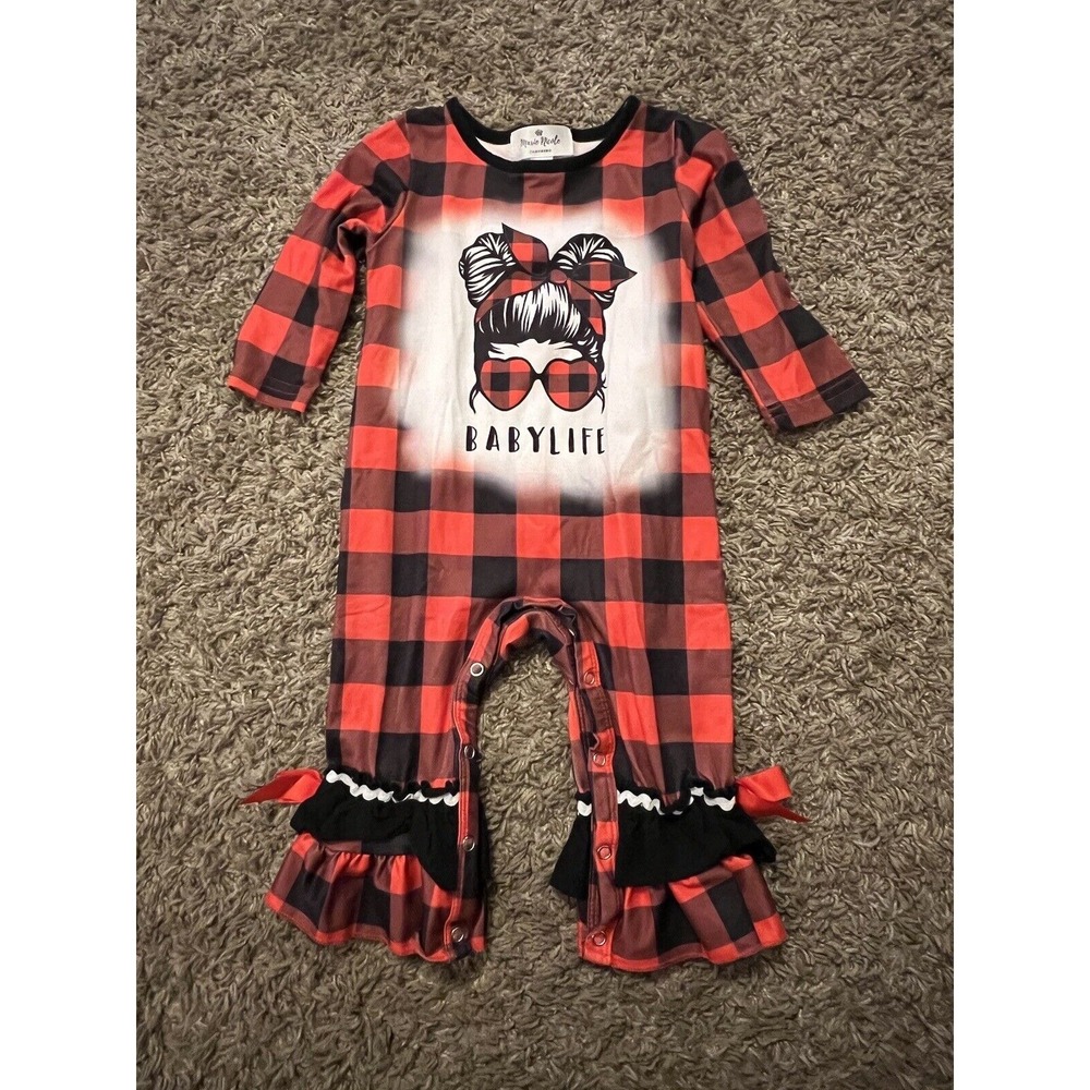 Marie Nicole Baby‎ Life Buffalo Plaid Romper Red Black Size XXS 6-12 months
